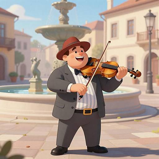 Cartoon Joyful Violinist in Sunlit Plaza