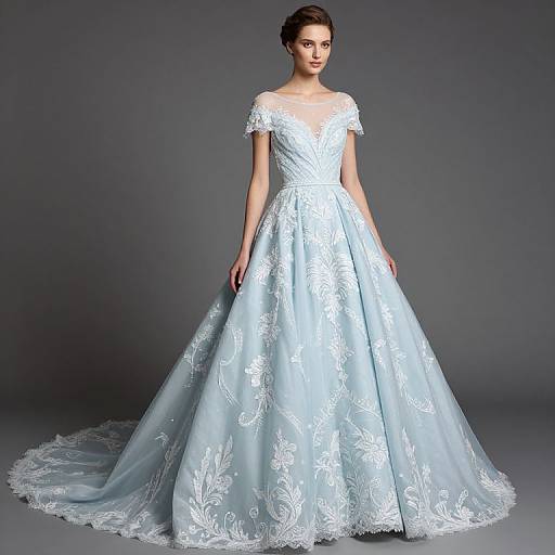 Photograph of a fair-skinned woman in an elegant, light blue, full-length, lace-adorned wedding gown with off-shoulder sleeves