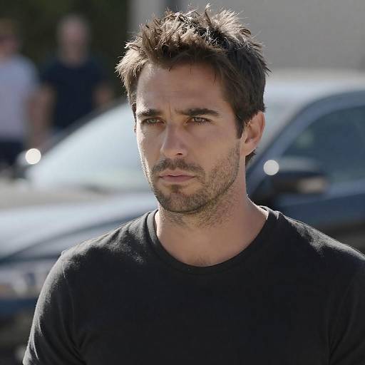 Serious Man Portrait with Blue Car Background