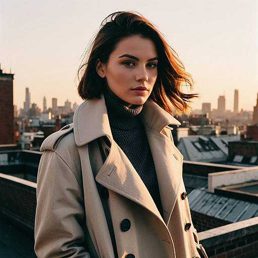 Woman with Disconnected Side Part Hairstyle in Trench Coat on Rooftop