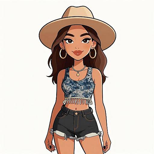 Digital illustration of a smiling, brown-skinned woman with long dark hair, wearing a beige hat, blue tie-dye crop top, and high-w