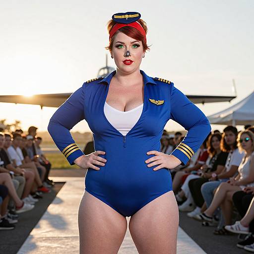 Photorealistic CGI of a curvy, red-haired woman with fair skin, wearing a blue flight attendant uniform, standing confidently in front of a seated