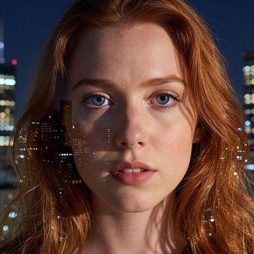 Close-up photograph of a fair-skinned, red-haired woman with blue eyes, cityscape with illuminated skyscrapers in the background, overlay of pixel