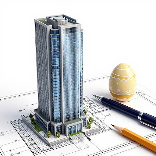 Photograph of a detailed, blue-tinted skyscraper model on architectural plans, with a yellow polka-dot egg and pen nearby.