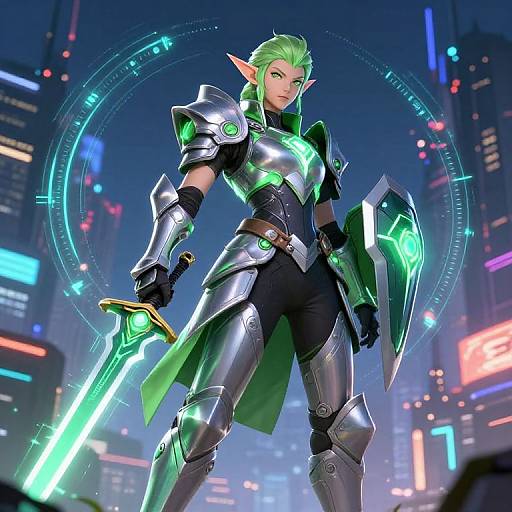 Digital CGI of a green-haired, elf-like female warrior in futuristic armor with glowing neon accents, holding a neon sword and shield, standing confidently in a