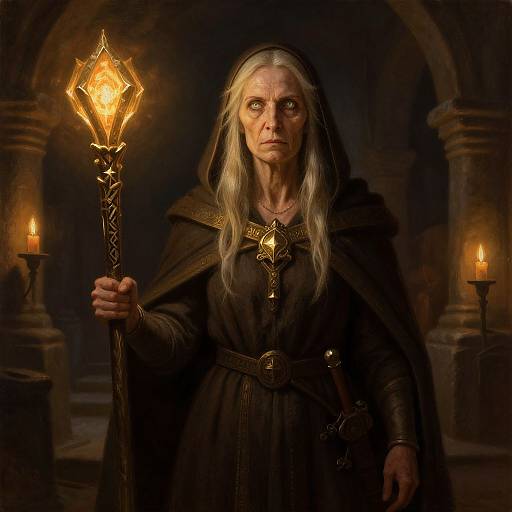 Digital art of an elderly, solemn witch with long white hair, holding a glowing, ornate staff, in a dimly lit, candlelit dungeon