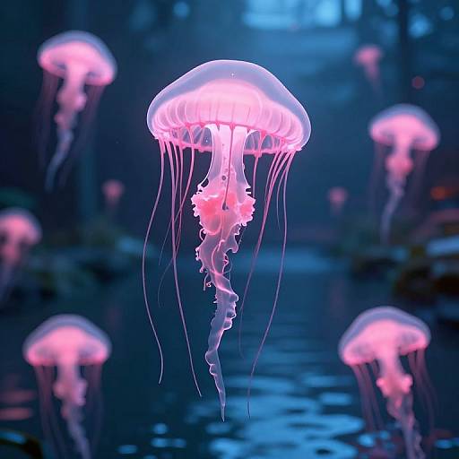 Photograph of glowing, pink-and-white jellyfish with long, flowing tentacles in a dark, blue-lit aquarium, surrounded by blurred jellyfish