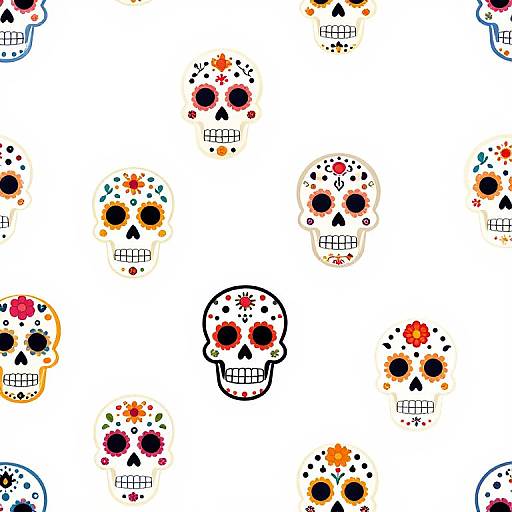 Seamless pattern of colorful, decorated sugar skulls with black outlines, red, yellow, and orange floral accents, and grid-like eye and mouth designs