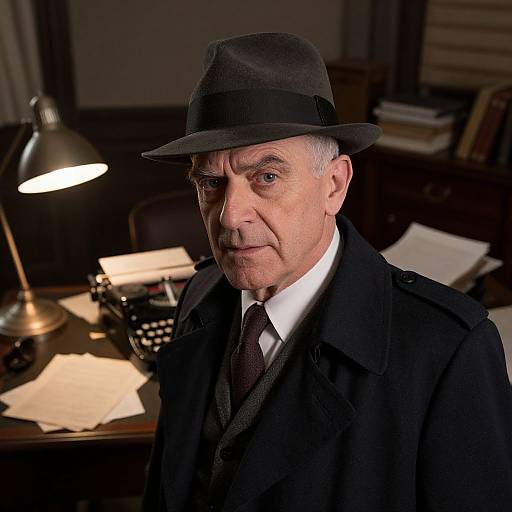 Photograph of an older white man with gray hair, wearing a black fedora, suit, and tie, standing in a dimly lit office with