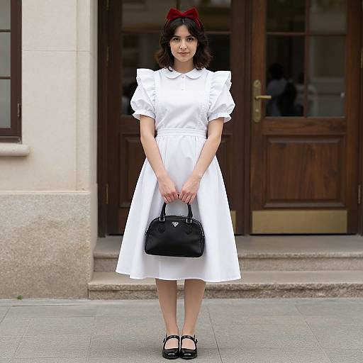 Photograph of a young woman with dark curly hair, wearing a white puffed-sleeve dress, red bow headband, black handbag,
