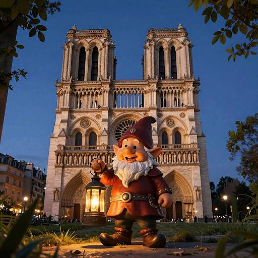Photograph of a illuminated gnomes statue holding a lantern in front of Notre-Dame Cathedral at dusk, with blue sky and city lights in the