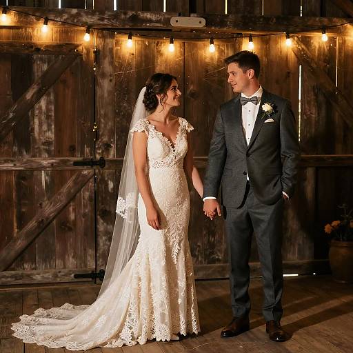 Photograph of a bride in a white lace dress and veil, and groom in a black tuxedo, holding hands against a rustic wooden backdrop with