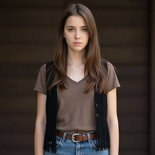 Photograph of a young woman with long brown hair, wearing a brown V-neck shirt, black fringe vest, and blue jeans, standing against a dark