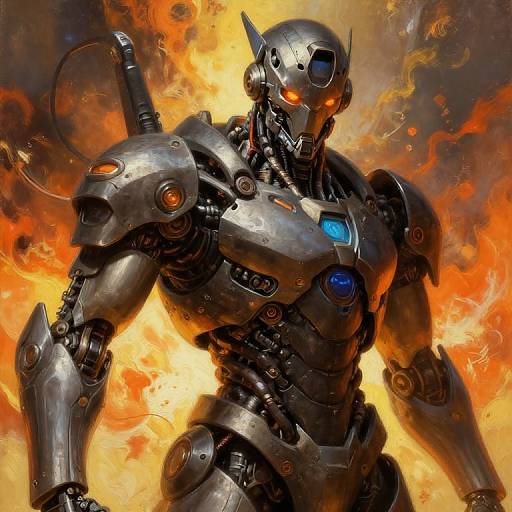Futuristic Mecha Cyborg in Fiery Battle