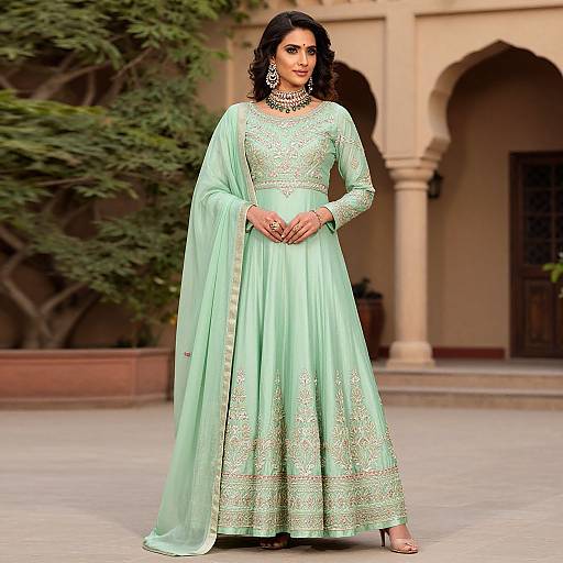 Elegant Woman in Embroidered Green Anarkali