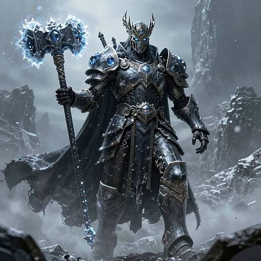 Digital fantasy artwork of a dark, armored king with glowing blue eyes, holding a frost-covered, electrified hammer in a snowy, rocky landscape.