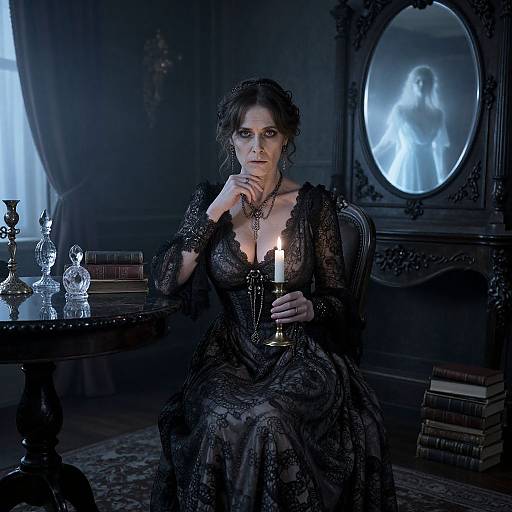 Photograph of a dark-haired woman in a Victorian-style black lace dress, holding a candle, in a dimly lit, ornate room with a