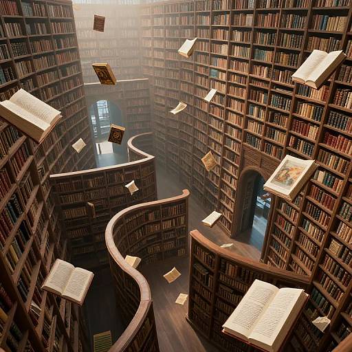 Photograph of a grand, sunlit library with curved wooden bookshelves filled with books, numerous open books floating in mid-air.