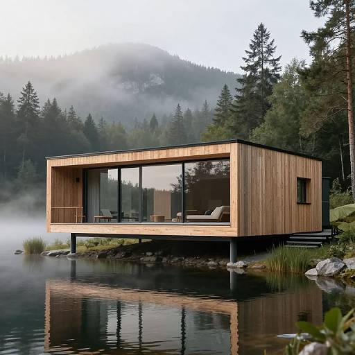 Photograph of a modern, wooden cabin with large glass windows, floating on a misty lake surrounded by dense forest and mountains.