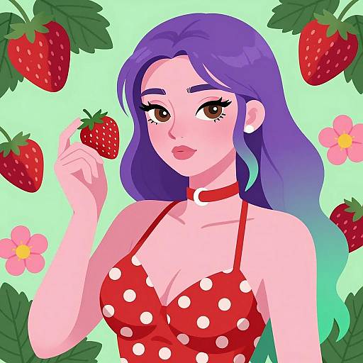 Vibrant Woman with Strawberry Background