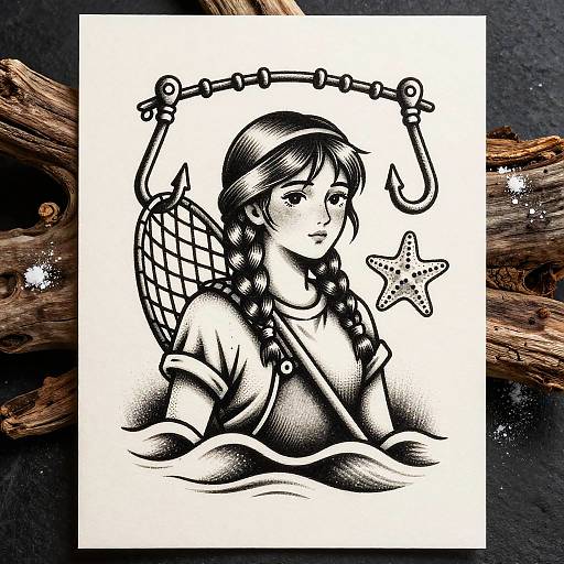 Black and white ink drawing of a young girl with braided hair, wearing a shirt, holding a fishing net and starfish, set against a rustic