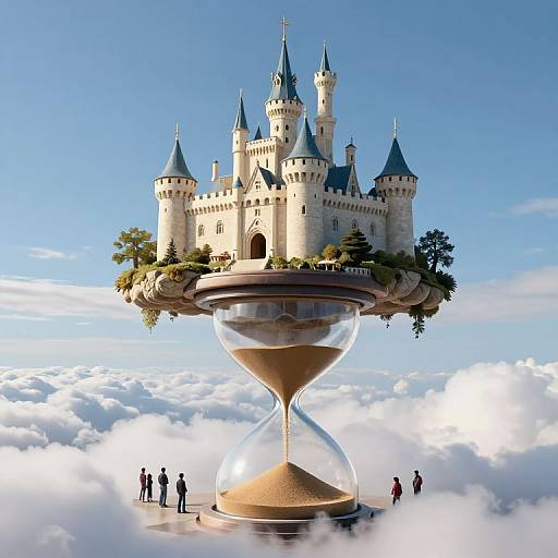 Fantastical digital art: towering castle on a glass hourglass pedestal, floating above clouds; tiny people standing on base, bright blue sky.