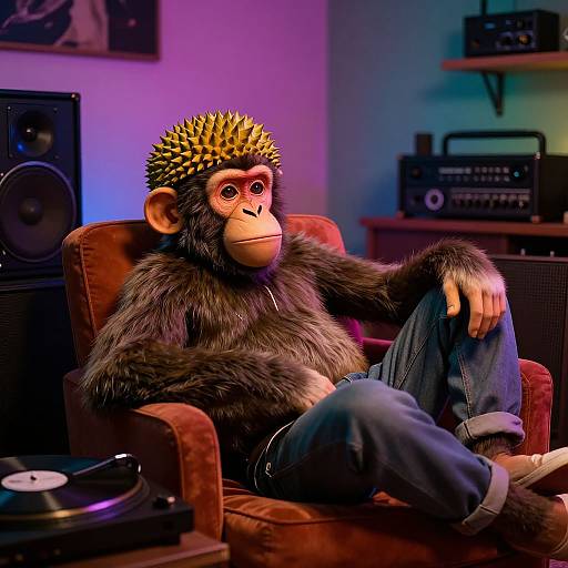 Photograph of a costumed anthropomorphic monkey with a spiked yellow headpiece, denim jeans, and brown armchair, in a colorful, retro-st