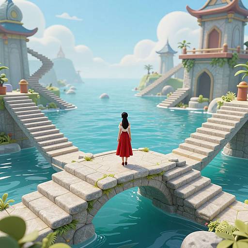 Digital art: A young woman in a red dress stands on a stone bridge, facing a turquoise ocean with ancient, pagoda-style buildings on either side