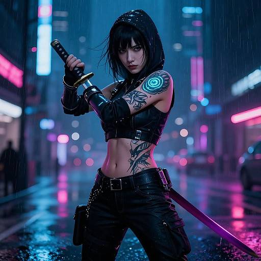 Cyberpunk anime-style photograph of a wet, tattooed woman with black hair, holding a katana in a neon-lit, rainy city street