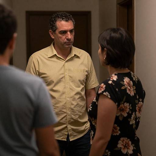 Serious Conversation in Dim Hallway