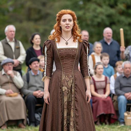 Photograph of a red-haired woman in a Victorian-style brown dress with intricate gold patterns, standing in front of a blurred crowd outdoors.