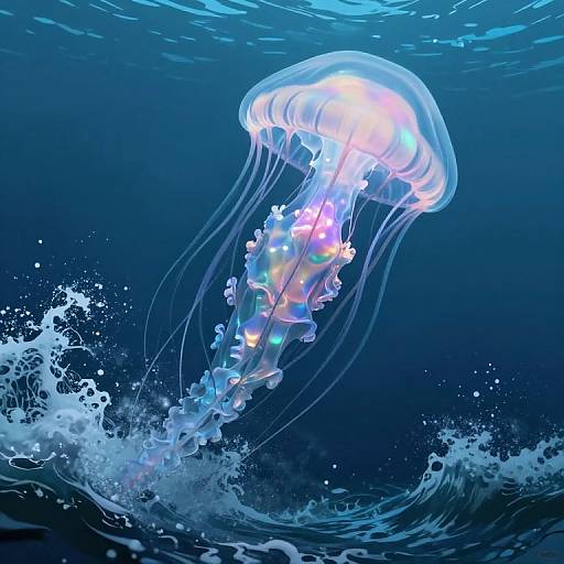 Digital artwork of a glowing, iridescent jellyfish with translucent, colorful tentacles swimming above a turbulent, dark blue ocean.