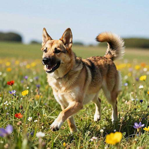 Photograph of a happy, medium-sized German Shepherd with tan and black fur, running through a vibrant, sunlit meadow filled with colorful wildflowers