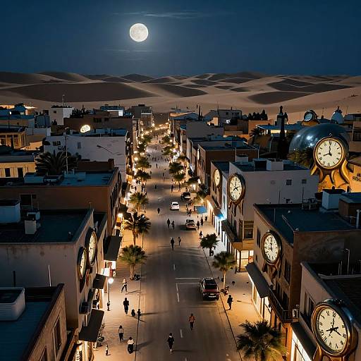Nighttime photograph of a desert town street, illuminated by streetlights, with full moon, clock towers, palm trees, and pedestrians.