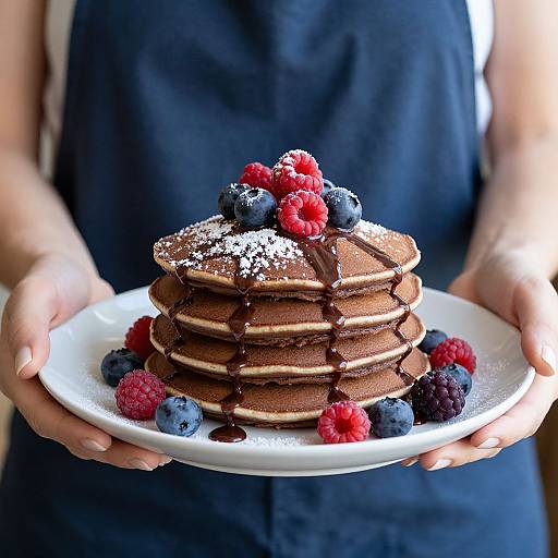 Photograph of a person in a dark blue shirt holding a plate of stacked pancakes topped with blueberries, raspberries, and drizzled chocolate sauce