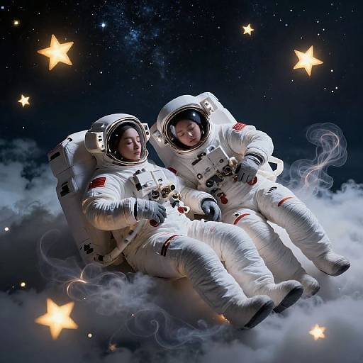 Photograph-style CGI: Two smiling Asian astronauts in white space suits floating among glowing stars and clouds in a night sky.