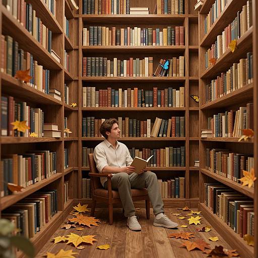 Ethereal Library Scene with Man and Nature