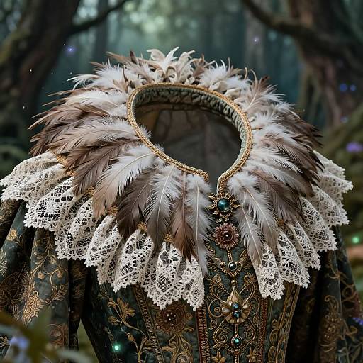 Photograph of a detailed, ornate necklace with white and brown feathers, lace, and gemstone accents, against a dark, forested background.