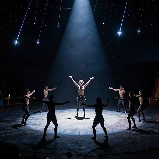 Photograph of a dance performance: Nine male dancers, shirtless with arms raised, stand in a circle under bright spotlight on a dark stage with star
