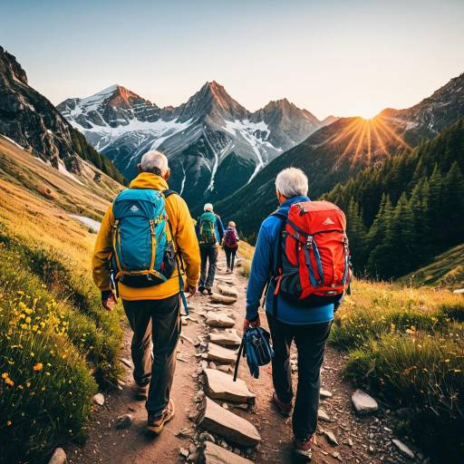 Senior Hikers on Mountain Trail at Sunset