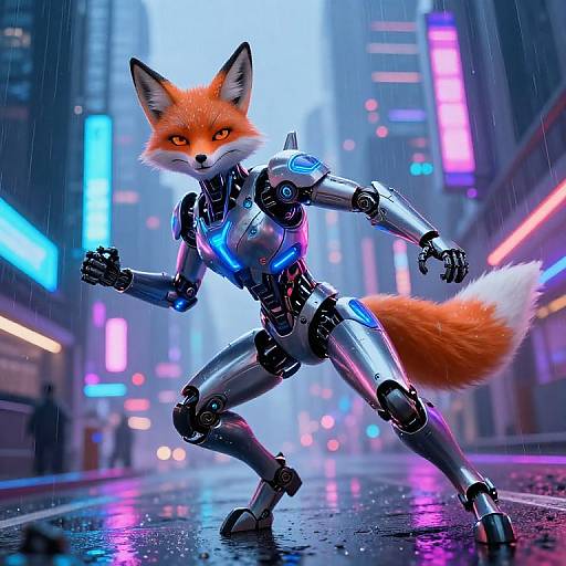 CGI image of a cybernetic fox with orange fur and white tail, standing in a neon-lit, rainy city street at night. The