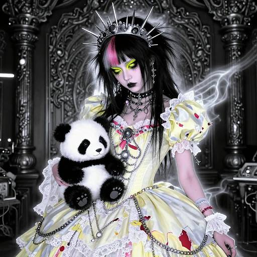 Gothic anime girl in yellow dress with lace, spiked crown, yellow eyes, black hair, holding panda doll, electrical glow, dark ornate