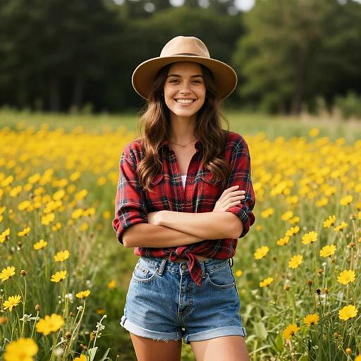 Smiling Woman in Sunlit Wildflower Field