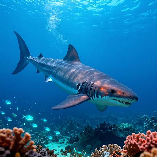 Photograph of a large, striped tiger shark swimming amidst vibrant coral reefs and small blue fish in a clear, deep blue ocean.