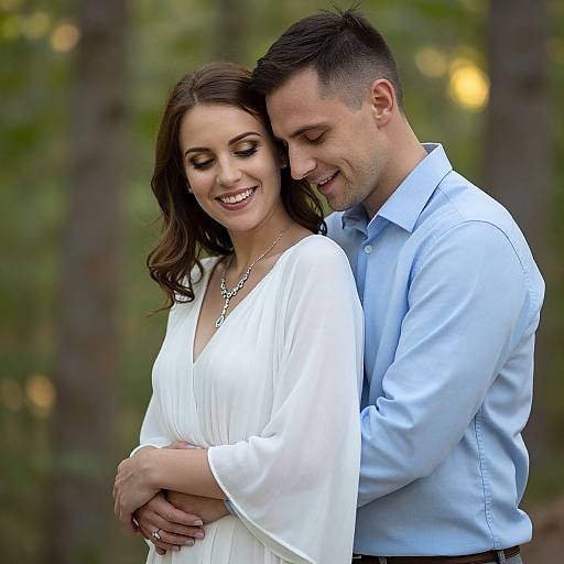 Photograph of a smiling couple in a forest; man in light blue shirt hugs woman in white dress from behind.