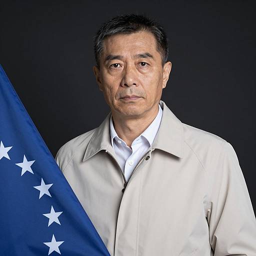Serious Man Holding Blue Flag Portrait