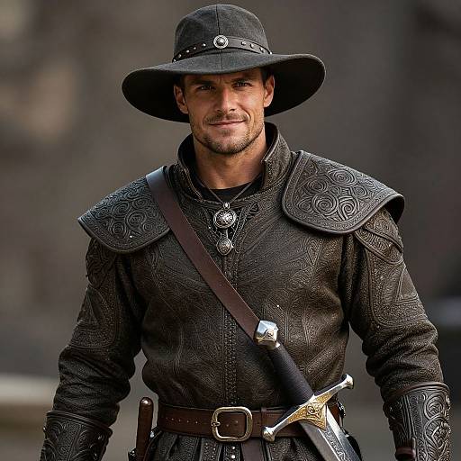 Photograph of a handsome man in medieval armor, black wide-brimmed hat, intricate shoulder plates, brown belt, and sword sheath, smiling