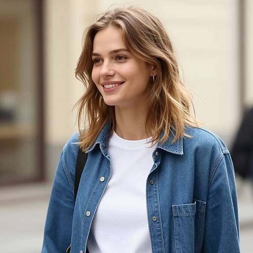 Photograph of a smiling Caucasian woman with wavy brown hair, wearing a blue denim jacket over a white shirt, standing outdoors. Blurred background suggests