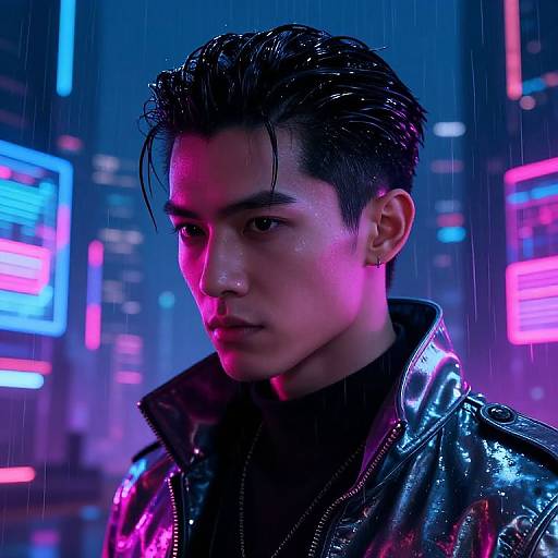Neon-lit, rainy cityscape photograph of a wet, serious Asian man with slicked-back hair, wearing a shiny black leather jacket, illuminated