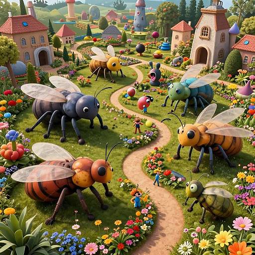 Whimsical CGI scene of giant, colorful bees with translucent wings walking on a flower-filled path through a vibrant, fairy-tale village.